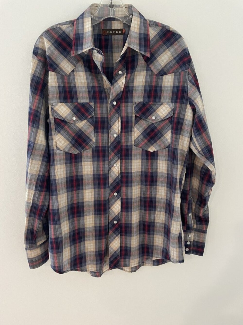 Roper Men's Western button down shirt with pearl snap buttons M, blue/red plaid